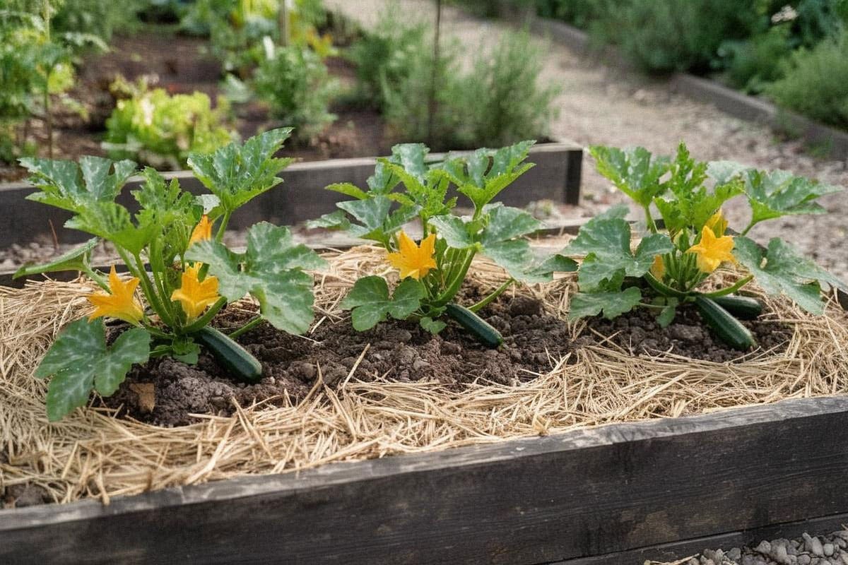 Potager de début d’été avec plusieurs pieds de courgettes espacés, paillage épais, fleurs jaunes et jeunes fruits visibles sous le feuillage, dans une lumière matinale douce