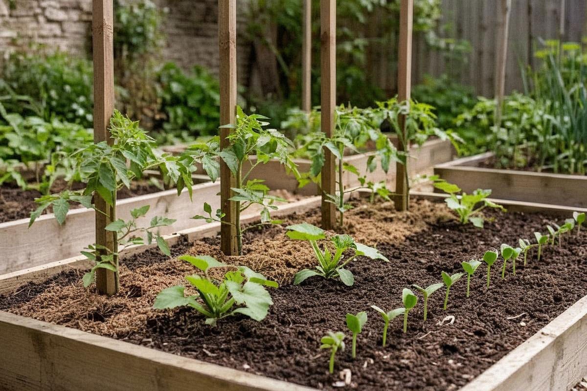 Potager de mai avec jeunes tomates tuteurées, courgettes fraîchement plantées et rangs de haricots en cours de levée, paillage encore fin autour des plants