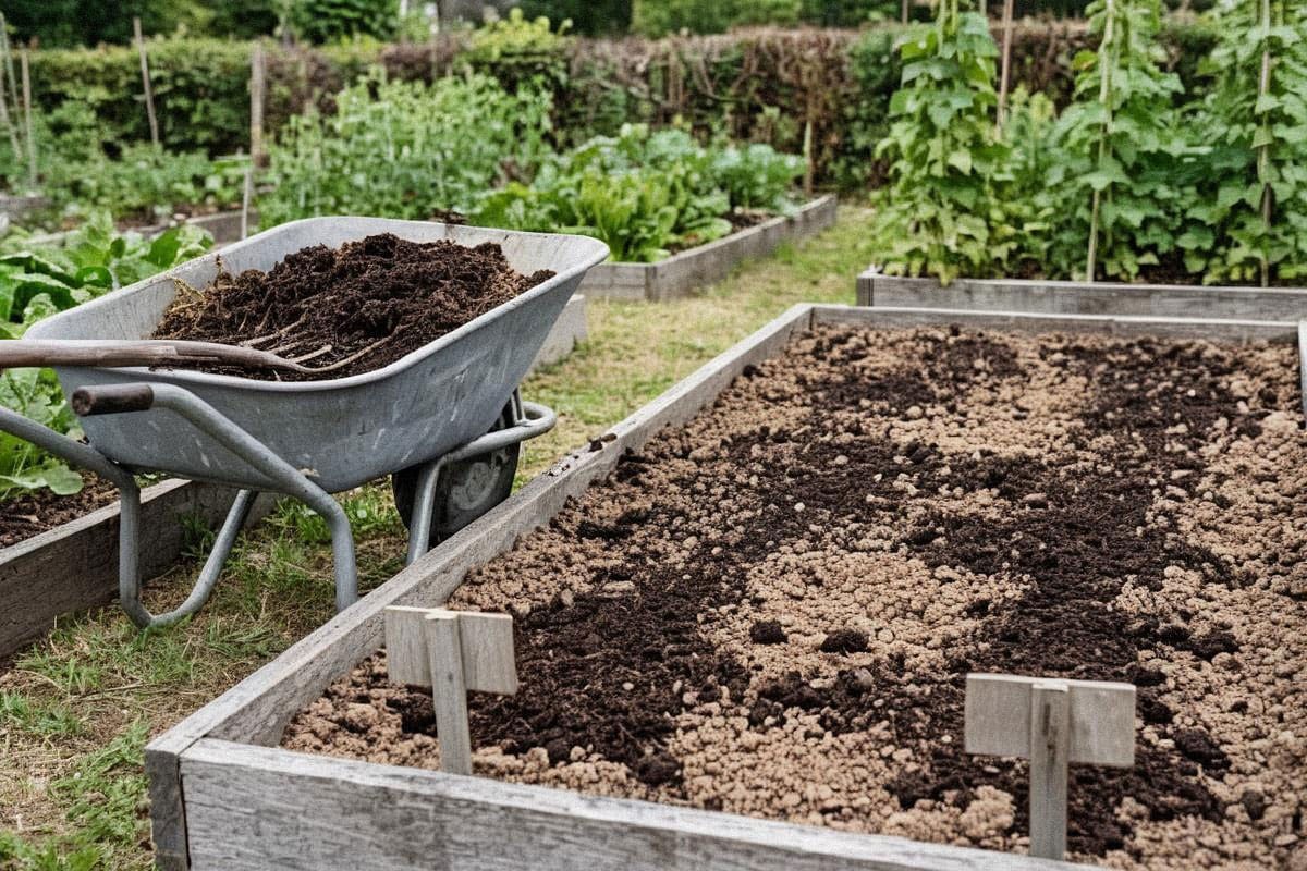 Potager en préparation avec une brouette de fumier parfaitement composté, matière sombre répartie en fine couche sur une planche destinée aux courgettes et tomates