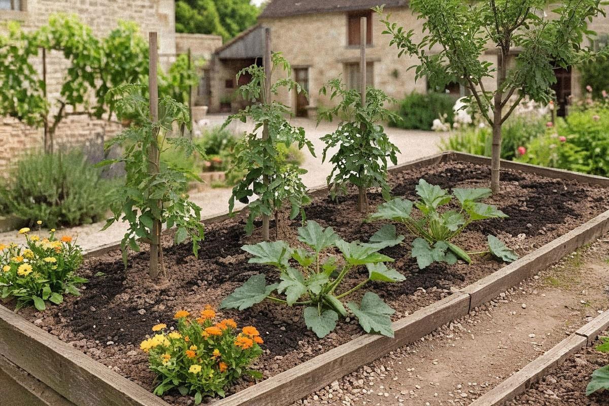 Potager vigoureux avec tomates, courgettes, fleurs et fruitiers entourés de compost mûr, montrant une fertilisation naturelle discrète sans amas de produits autour des plantes