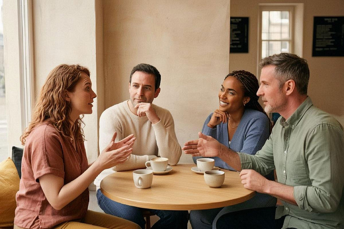 Quatre adultes réunis dans un café, avec attitudes contrastées : personne expressive, profil observateur, interlocuteur chaleureux et personnalité énergique prenant naturellement l’initiative