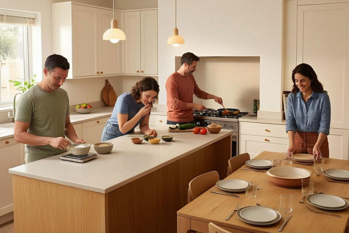 Quatre amis aux styles culinaires différents préparant ensemble un dîner, l’un pesant, l’autre improvisant, un troisième manipulant des épices et le dernier dressant une grande table