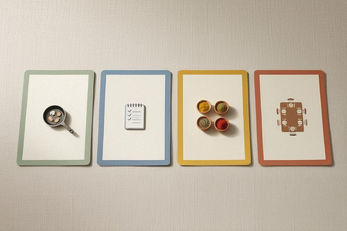 Quatre cartes illustrées représentant les profils Instinctif, Organisé, Explorateur et Convivial avec respectivement poêle improvisée, carnet, épices et grande table familiale