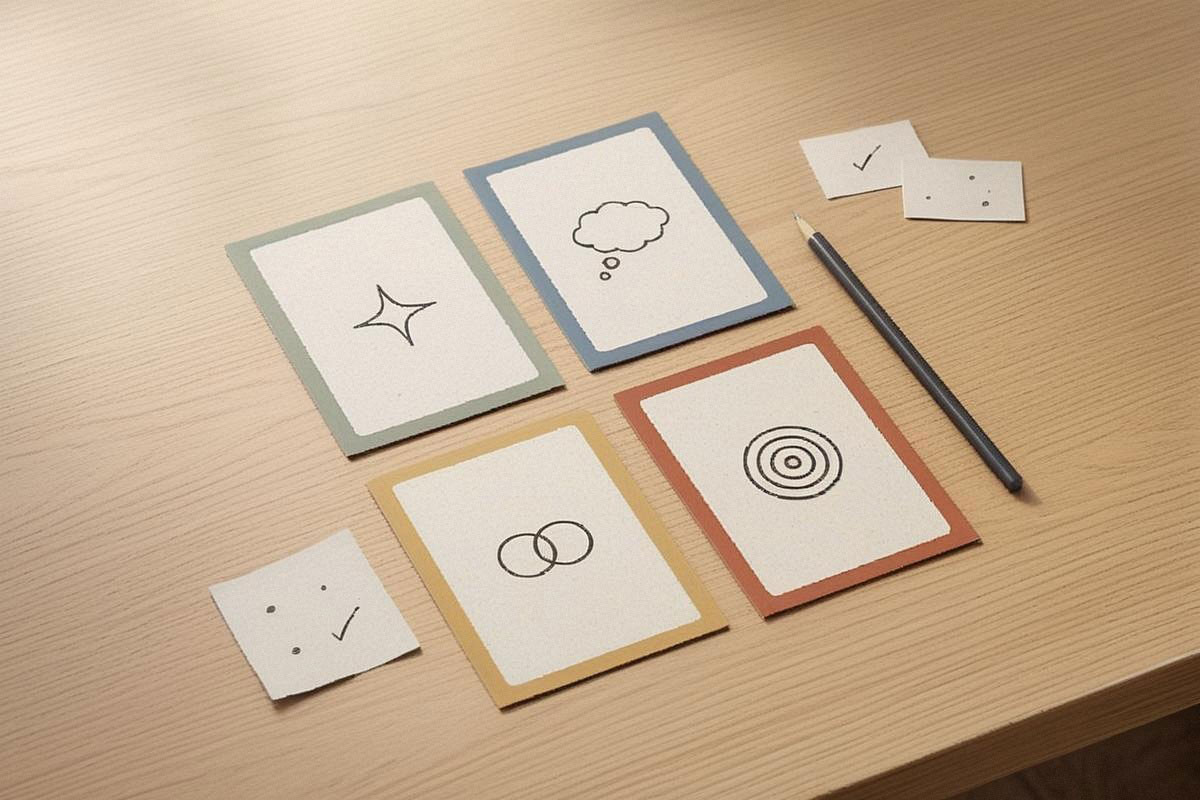 Quatre cartes posées sur un bureau avec symboles évoquant nouveauté, réflexion, relations humaines et objectif atteint, entourées de notes prises pendant le test