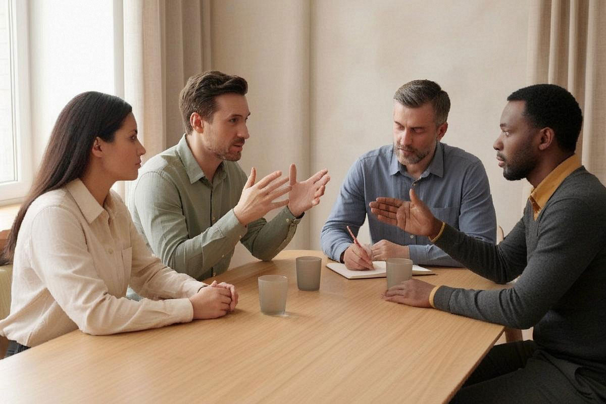 Quatre collègues en discussion autour d’une table, l’un gesticulant, une personne prenant des notes, une autre attentive aux réactions et la dernière exposant clairement son point de vue