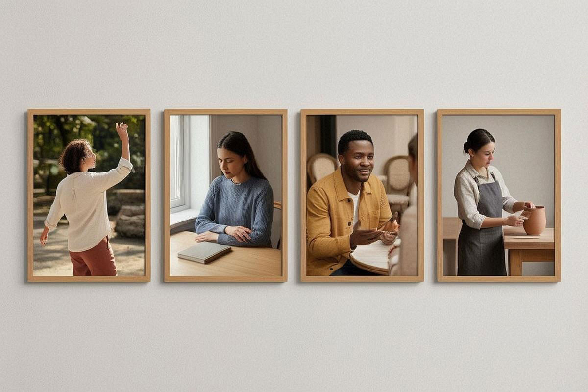 Quatre portraits illustrés représentant les tempéraments Spontané, Réfléchi, Sociable et Déterminé avec expressions, postures et environnements distincts mais sans caricature excessive
