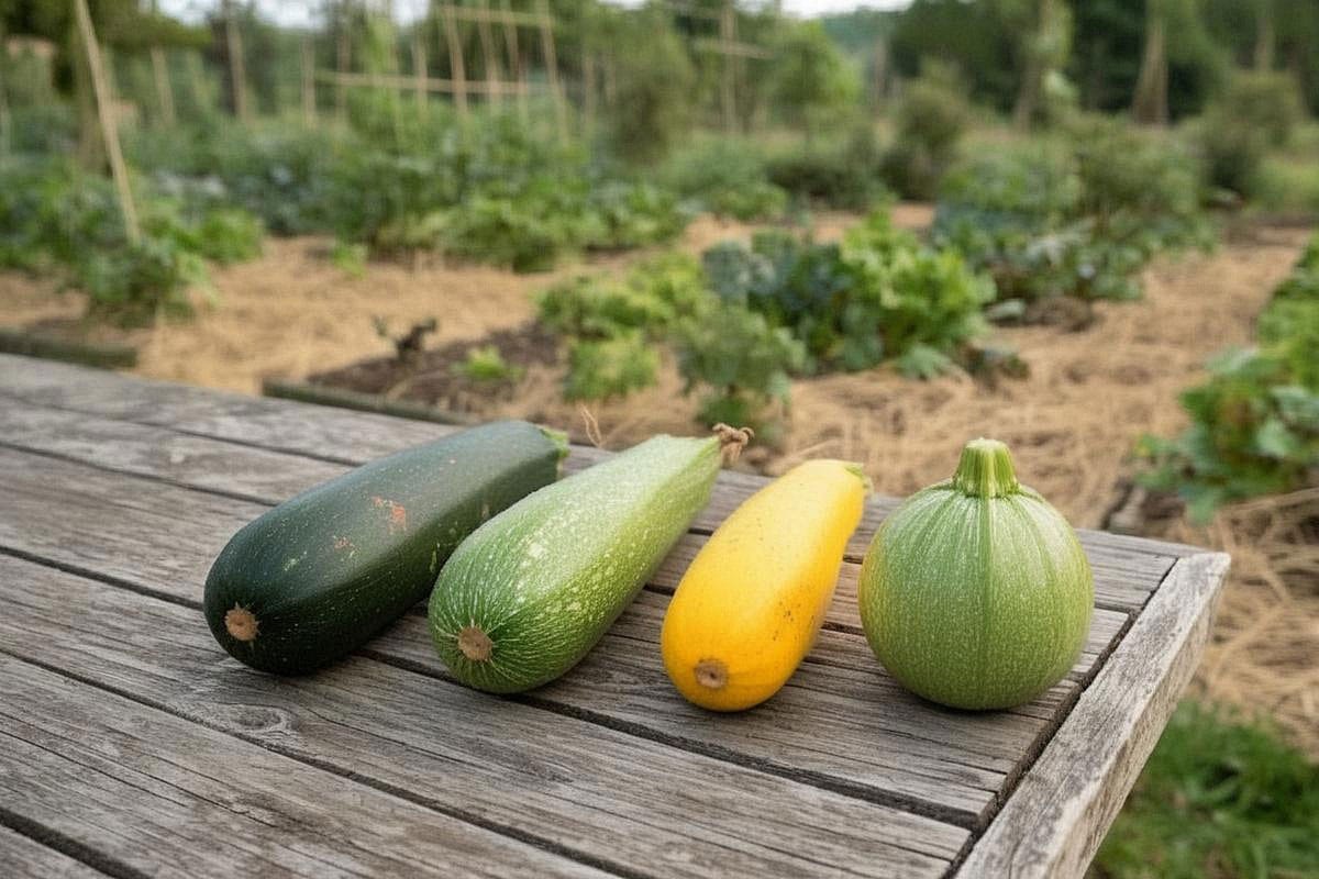 Quatre variétés de courgettes disposées côte à côte après récolte, avec fruits vert foncé, vert clair, jaunes et ronds, posés sur une table de jardin en bois