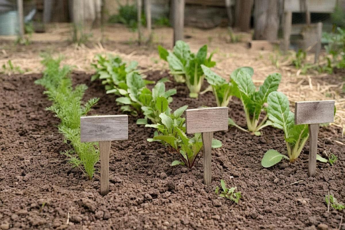 Rang de carottes récemment éclaircies à côté de betteraves et blettes, terre fine et légèrement humide, avec étiquettes en bois indiquant les variétés semées