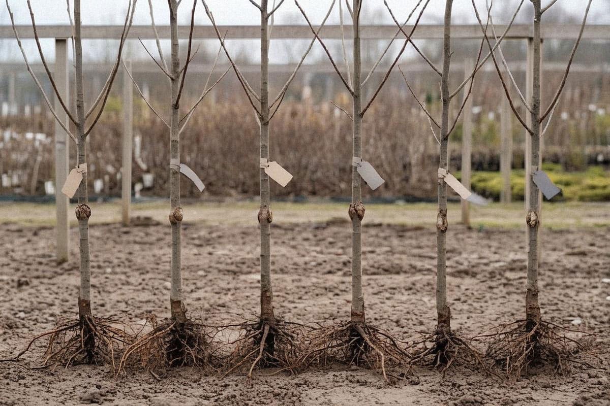 Rang de jeunes pommiers en pépinière avec différentes variétés étiquetées, troncs droits, points de greffe visibles et arbres à racines nues prêts pour une plantation hivernale