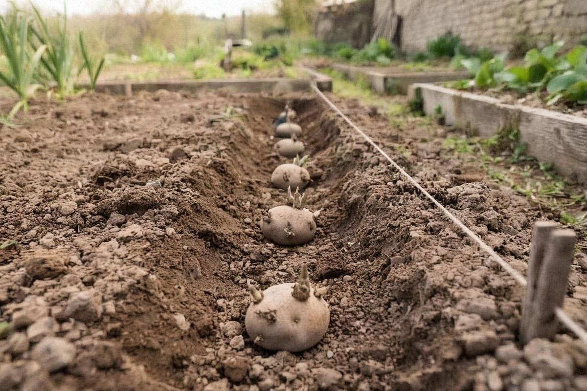 Rang de pommes de terre récemment planté dans une terre meuble, avec cordeau, petits sillons réguliers et quelques plants germés disposés avant recouvrement
