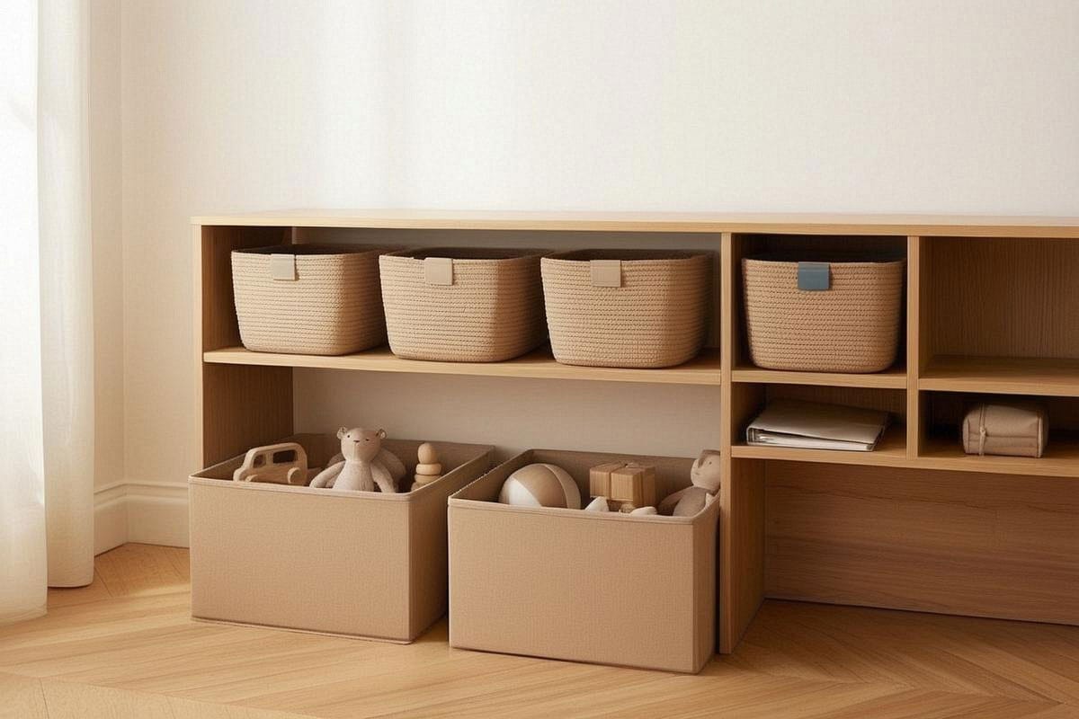 Rangement familial avec paniers distincts pour chaque personne, jouets regroupés dans deux grands bacs et objets adultes dans des espaces séparés, sans accumulation sur les surfaces communes