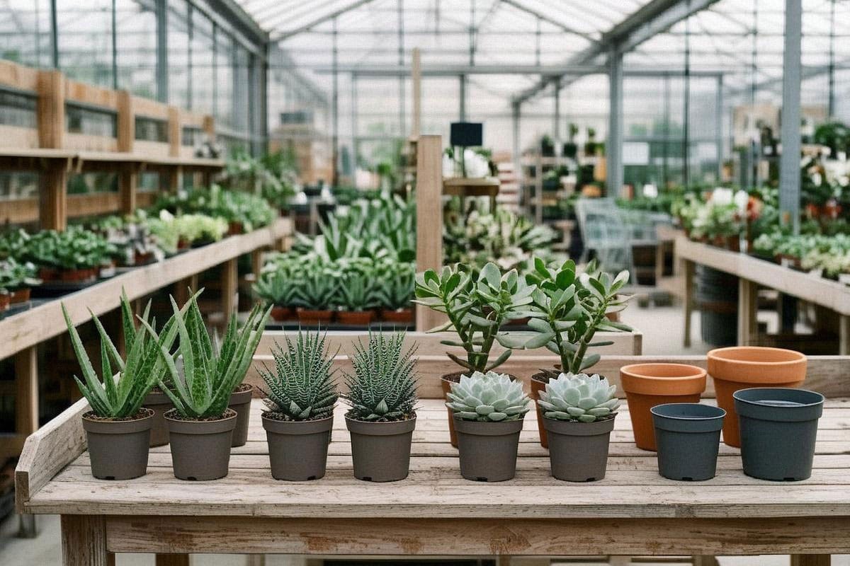 Rayon de jardinerie avec Aloe, Haworthia, Crassula et Echeveria compactes, montrant des feuillages fermes, des rosettes serrées et différents pots destinés au rempotage