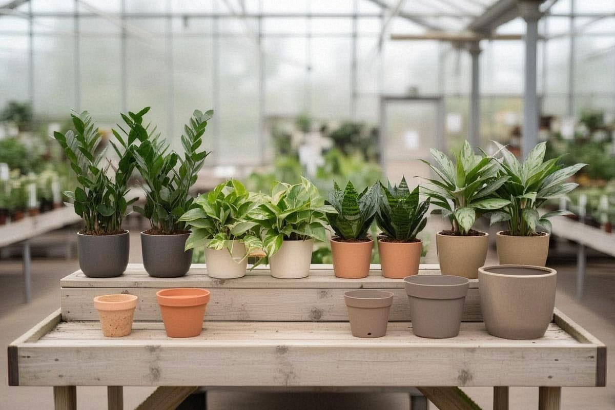 Rayon de jardinerie présentant zamioculcas, pothos, aglaonemas et sansevierias de différents formats, avec feuillages sains et plusieurs tailles de pots faciles à comparer