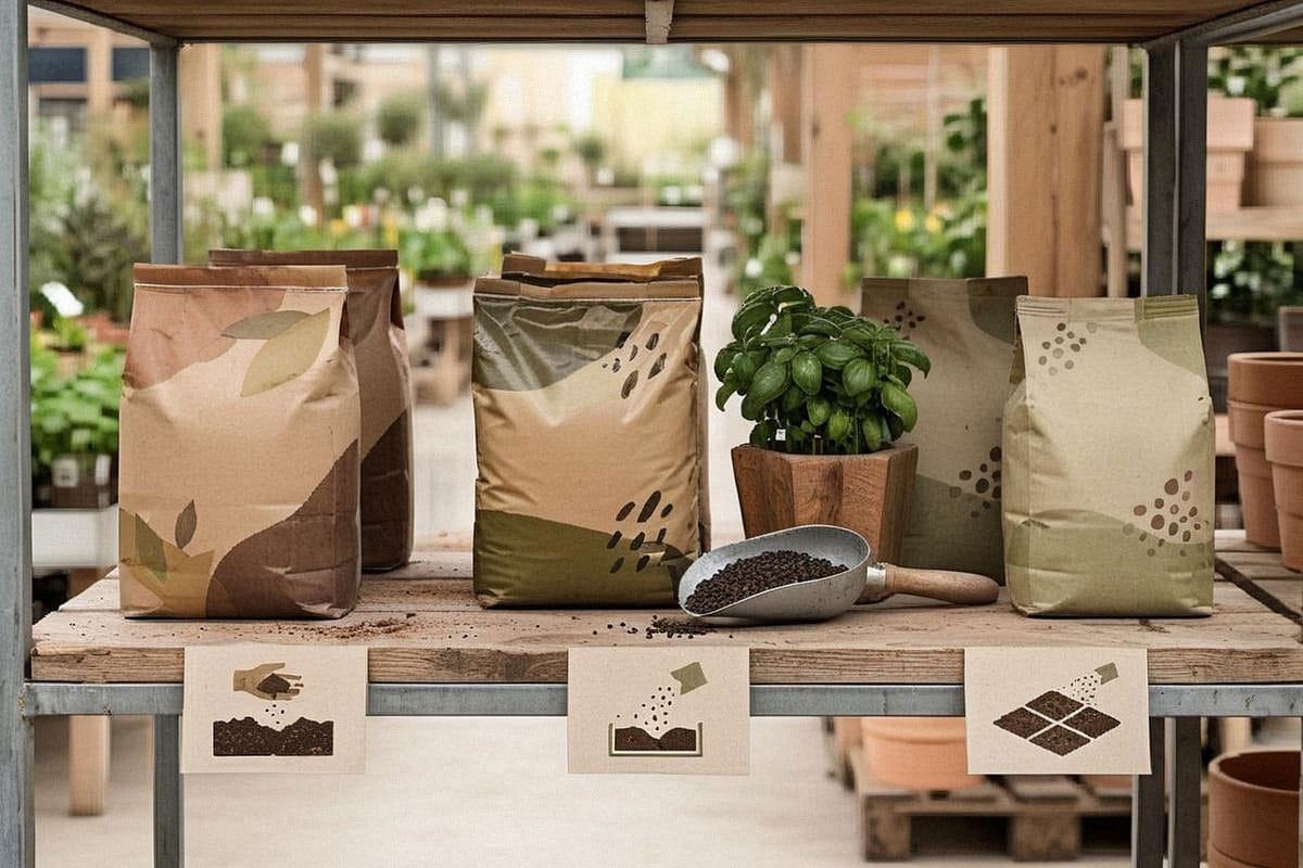 Rayon jardin avec sacs de compost, fumier composté et engrais organiques, accompagnés d’une petite pelle doseuse et d’étiquettes indiquant clairement les quantités par mètre carré