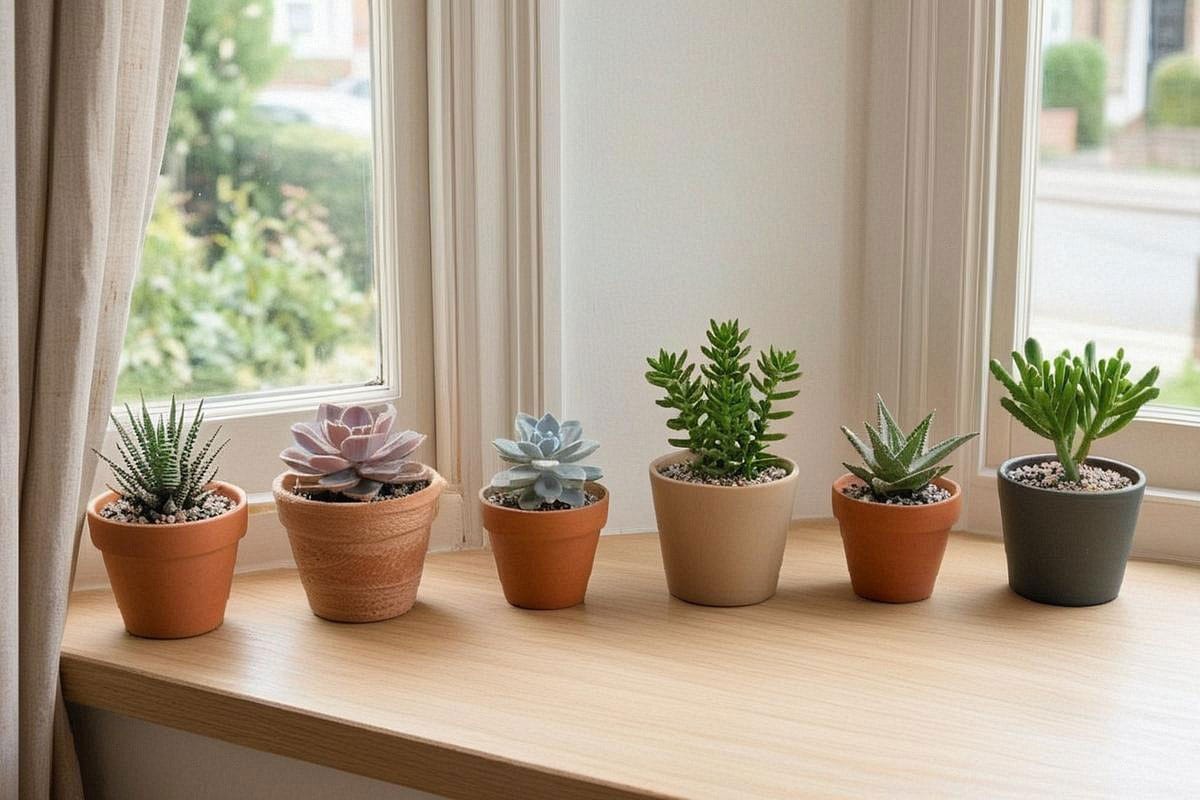 Rebord de fenêtre lumineux avec six succulentes compactes dans des pots percés, feuillages verts, bleutés et rougeâtres, sans cache-pots remplis d’eau ni mise en scène trop dense