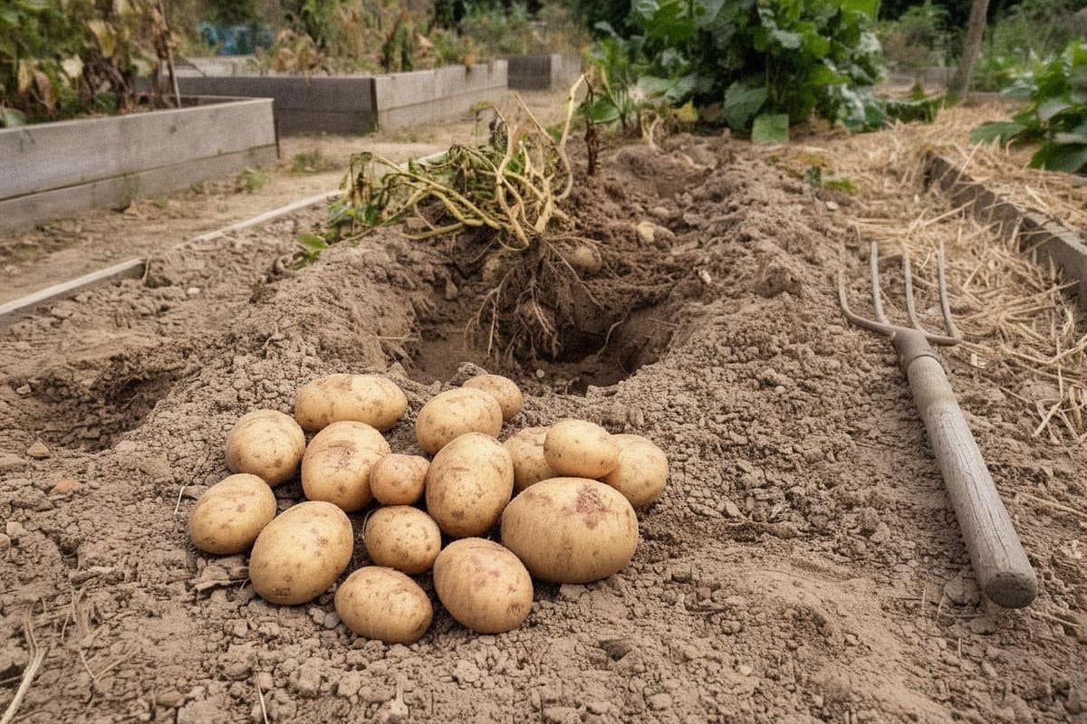 Récolte de pommes de terre fraîchement sorties d’une butte, avec tubercules de tailles variées posés à l’ombre sur la terre et fourche-bêche installée à distance du rang
