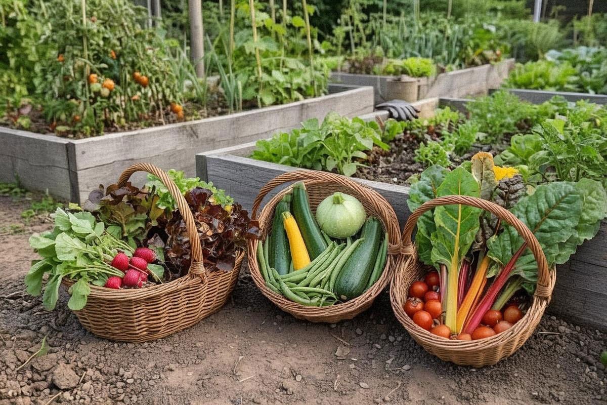 Récolte variée de débutant réunissant radis, courgettes, haricots, salades, tomates cerises et blettes dans plusieurs paniers posés au bord d’un petit potager