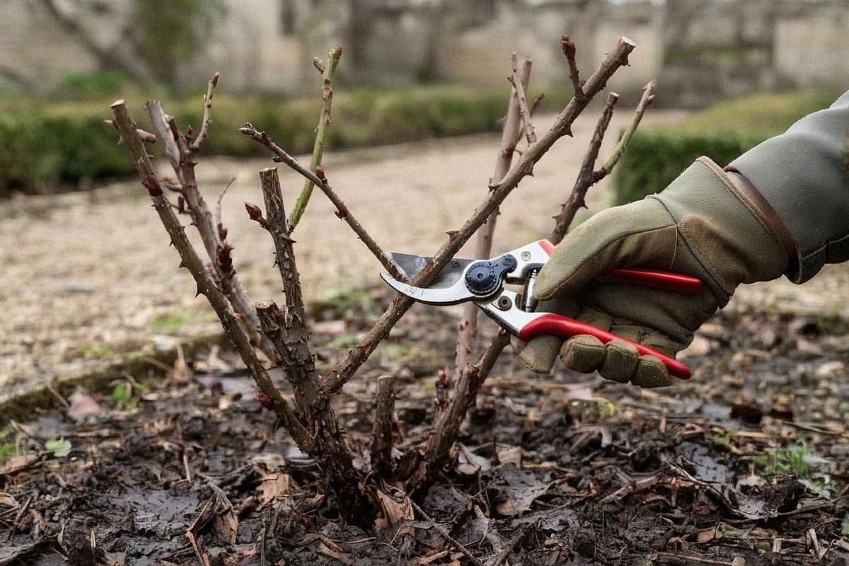 Rosier buisson en fin d’hiver montrant plusieurs branches conservées et une main utilisant un sécateur propre pour supprimer une tige qui croise le centre de la plante