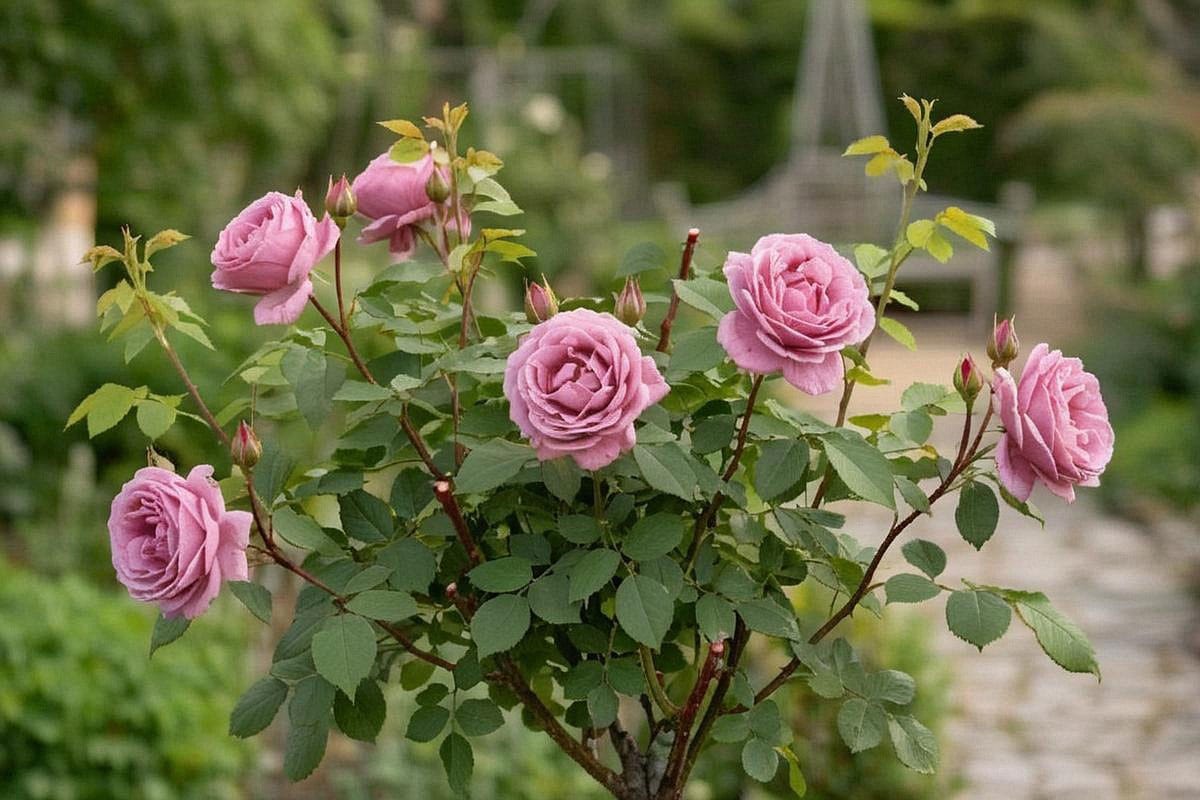 Rosier remontant portant simultanément boutons, fleurs ouvertes et jeunes pousses après suppression des fleurs fanées, avec feuillage sain et lumière de début d’été