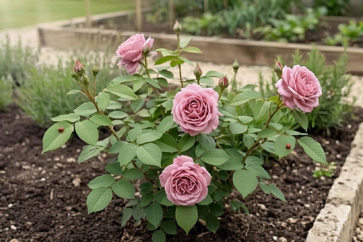 Rosier sain après contrôle des pucerons, jeunes feuilles non déformées, boutons en fleurs et coccinelles présentes naturellement, sans traces de pulvérisation excessive sur le feuillage