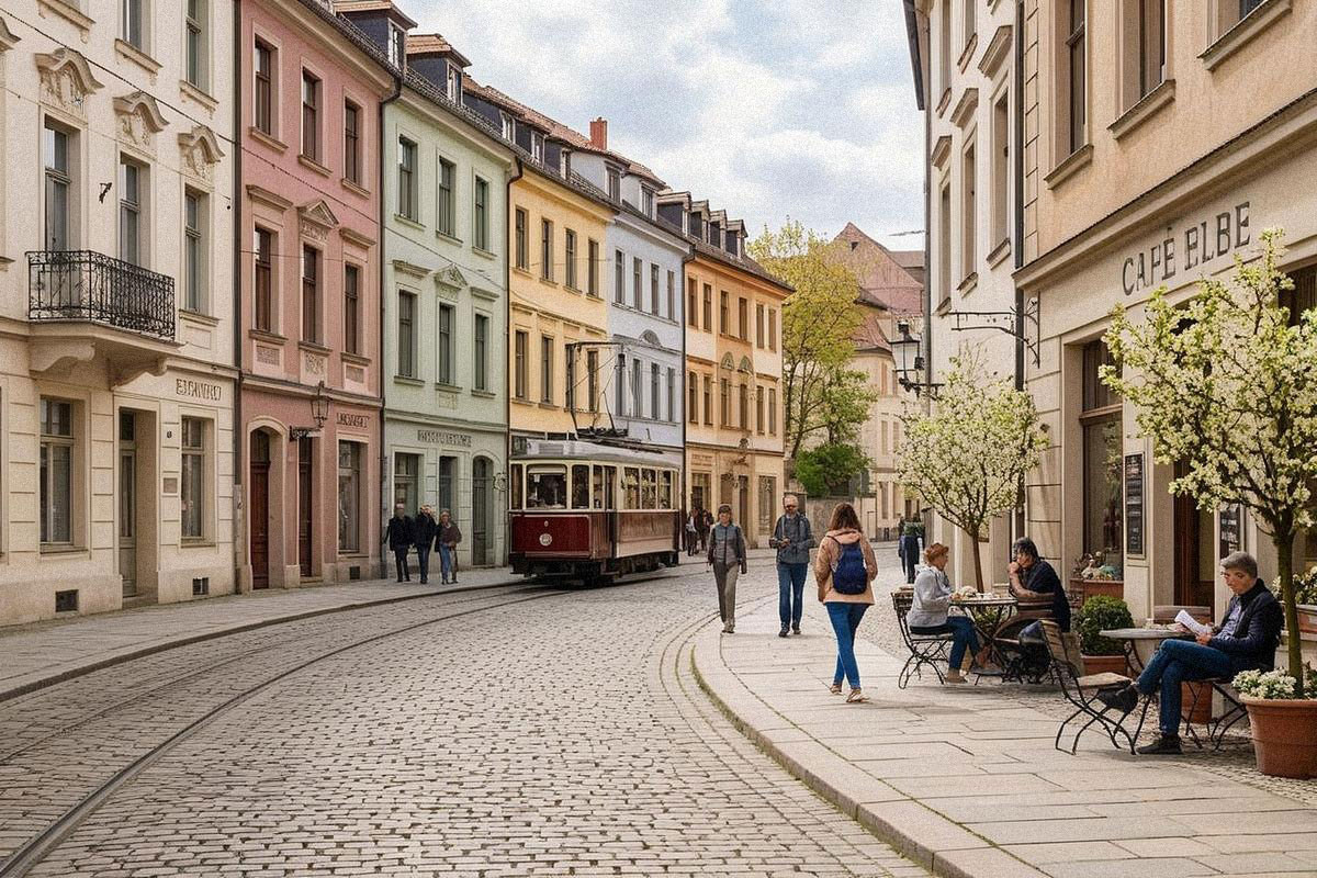 Rue d’Europe centrale avec façades pastel, café historique en terrasse et tramway rouge, voyageurs marchant sous une lumière douce de printemps sans foule dense