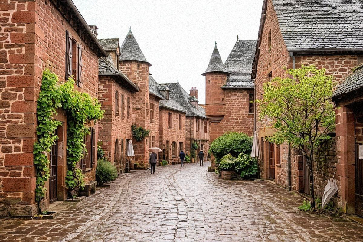 Rue de Collonges-la-Rouge après une pluie légère, maisons en grès rouge, végétation très verte et visiteurs peu nombreux sous une lumière douce de printemps