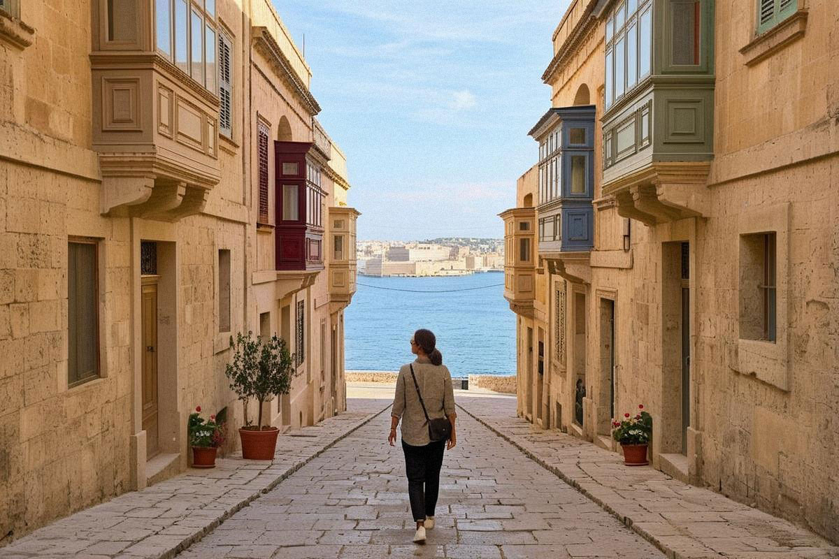 Ruelle en pierre blonde à La Valette descendant vers une mer bleue, balcons colorés et voyageur léger sous un soleil de mi-saison, sans circulation dense