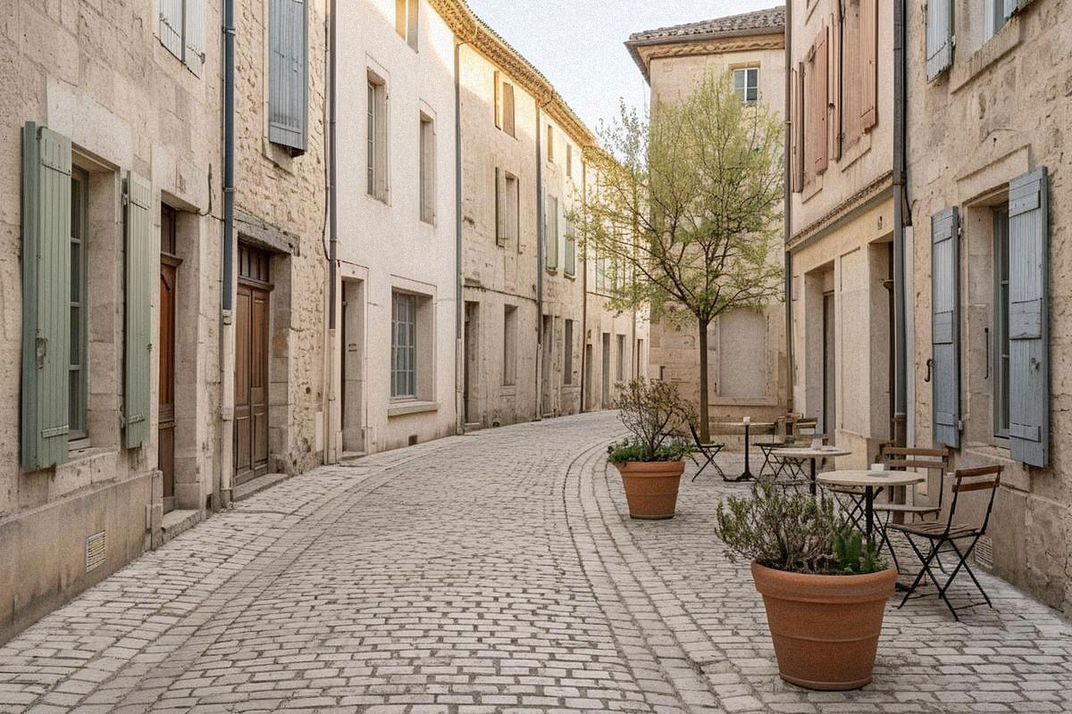 Ruelle pavée d’un village médiéval français tôt le matin, façades en pierre couvertes de volets colorés, petit café installé sur une placette encore calme