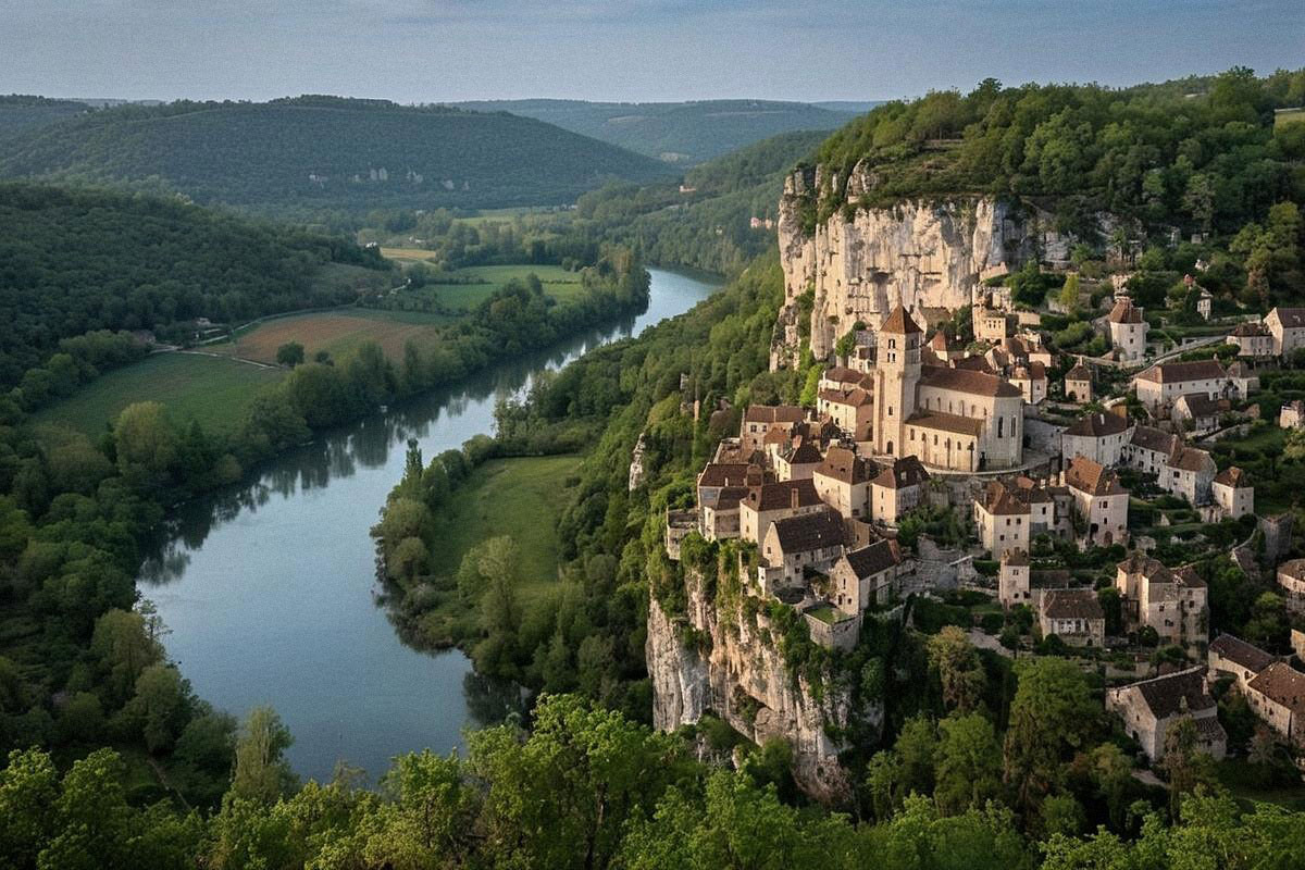 Saint-Cirq-Lapopie vu depuis un point haut, maisons aux toits bruns accrochées à la falaise et rivière Lot dessinant une large courbe dans la vallée