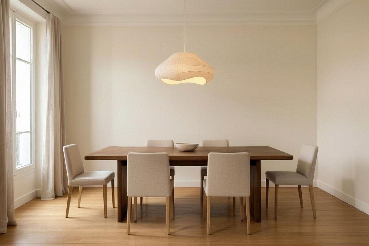 Salle à manger épurée avec grande table en chêne brun, six chaises beige clair, suspension en papier, murs crème et parquet naturel montrant comment le bois réchauffe une palette minimale