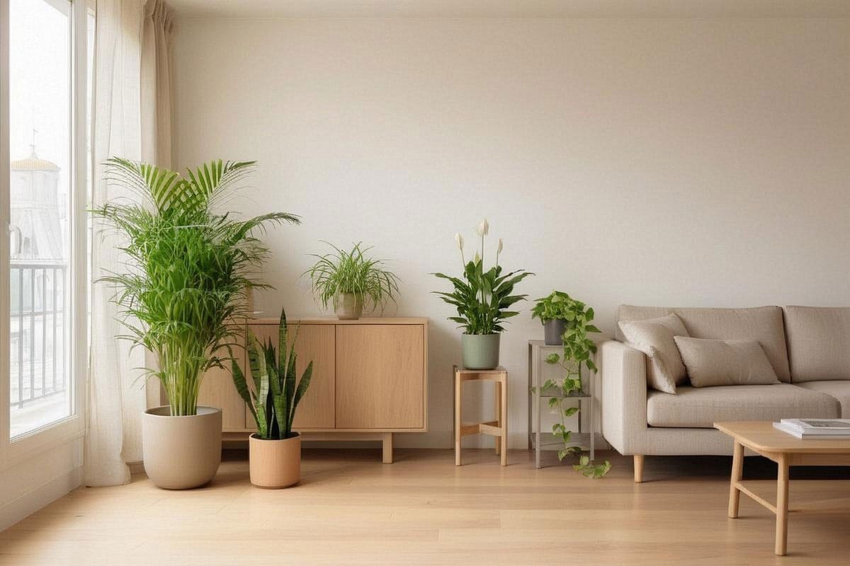Salon contemporain avec cinq plantes d’intérieur de tailles différentes, disposées près d’une grande fenêtre sans bloquer la circulation, dans une ambiance claire, chaleureuse et réaliste