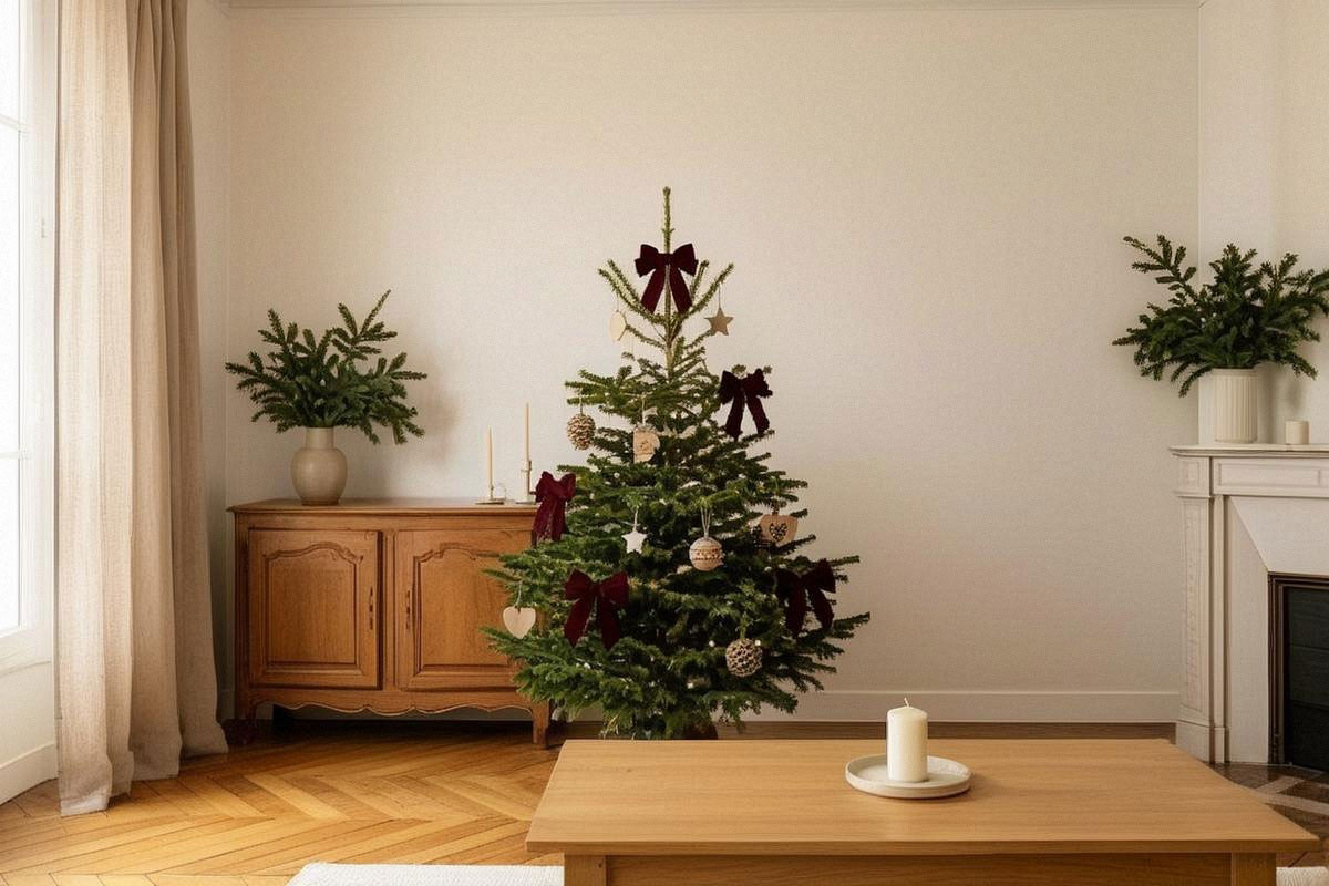 Salon décoré pour Noël avec palette vert sapin, beige et rouge profond, matières naturelles, bougies et éclairage chaud, sans accumulation excessive autour des meubles