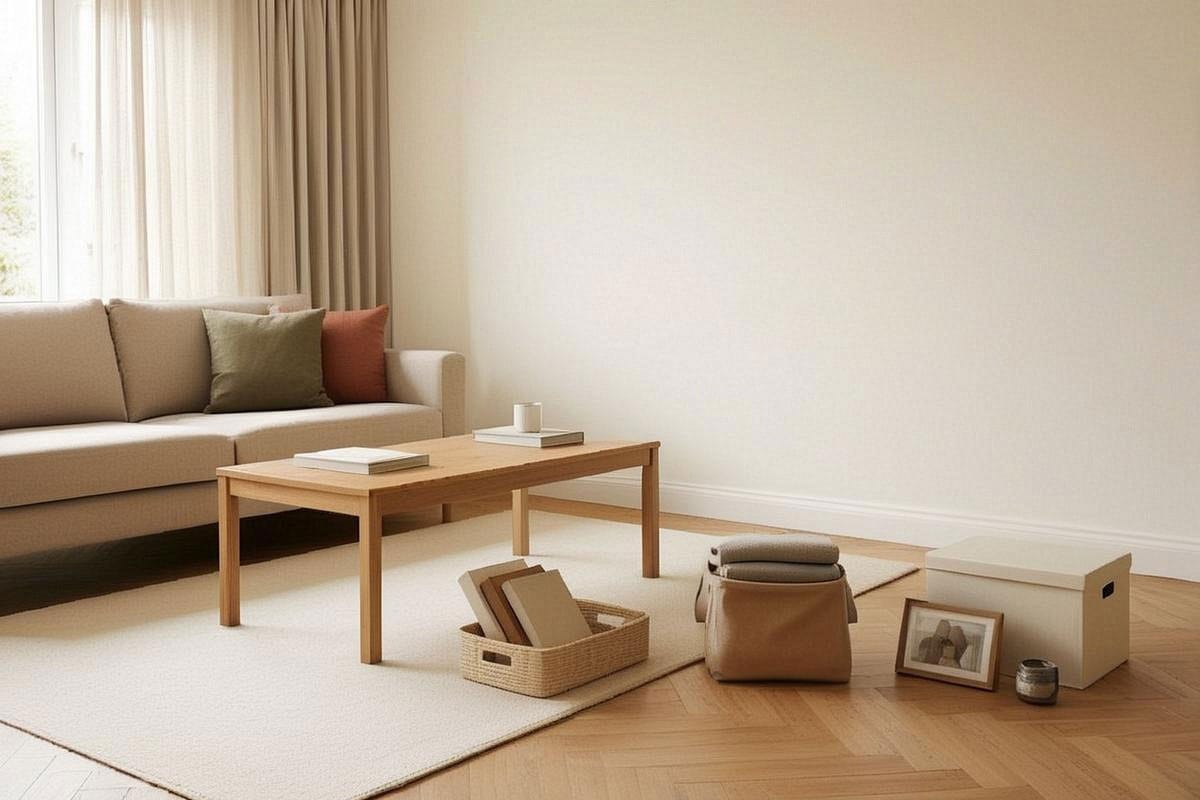 Salon familial en cours de tri, avec trois zones clairement séparées pour garder, donner et décider plus tard, tout en conservant photographies, livres et objets personnels