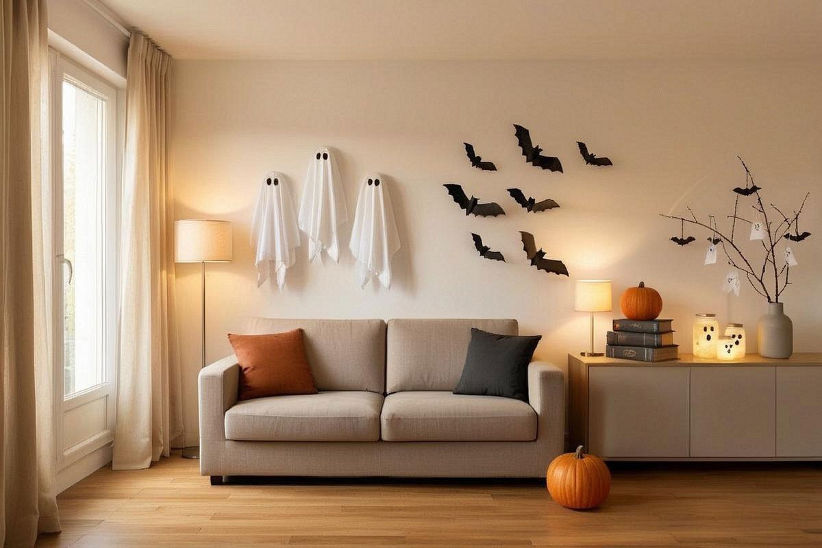 Salon finalisé pour Halloween avec chauves-souris en papier, fantômes, grimoires en carton, bocaux lumineux et petite branche décorative, dans une ambiance cohérente sans surcharge