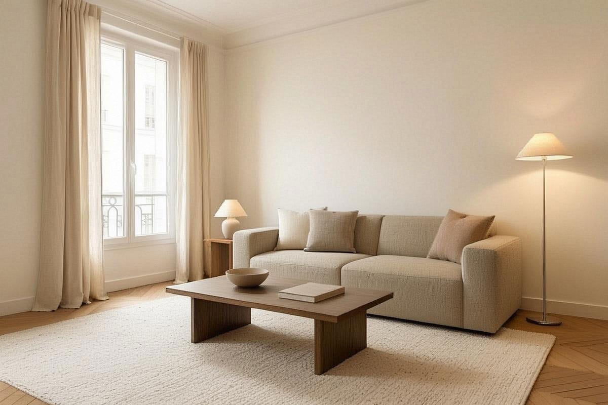 Salon minimaliste lumineux avec murs blanc cassé, canapé beige texturé, table basse en bois massif, grand tapis crème et deux luminaires diffusant une lumière chaude près d'une fenêtre