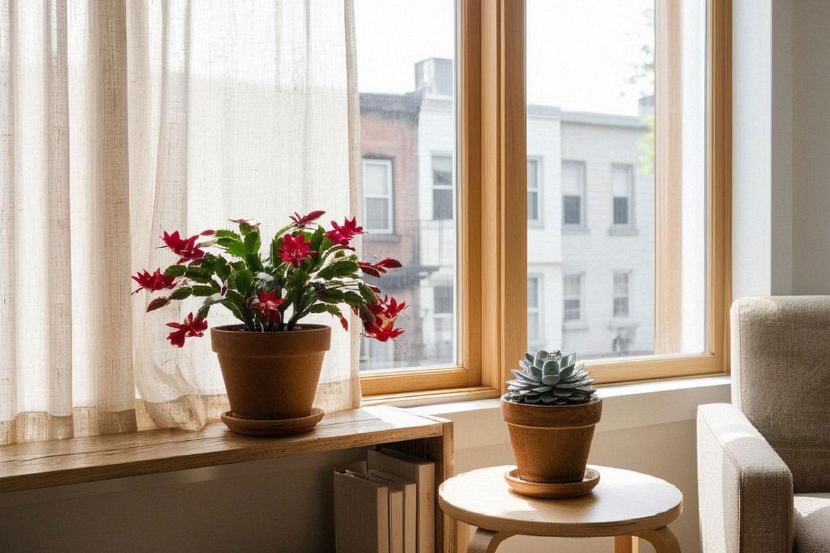 Schlumbergera couvert de fleurs près d’une fenêtre voilée, contrastant avec une Echeveria placée plus près de la lumière directe pour illustrer deux besoins différents