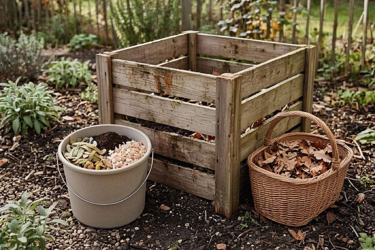 Seau de cuisine contenant épluchures de légumes, marc de café et coquilles d’œufs concassées, posé devant un composteur avec réserve de feuilles sèches prête à équilibrer l’apport