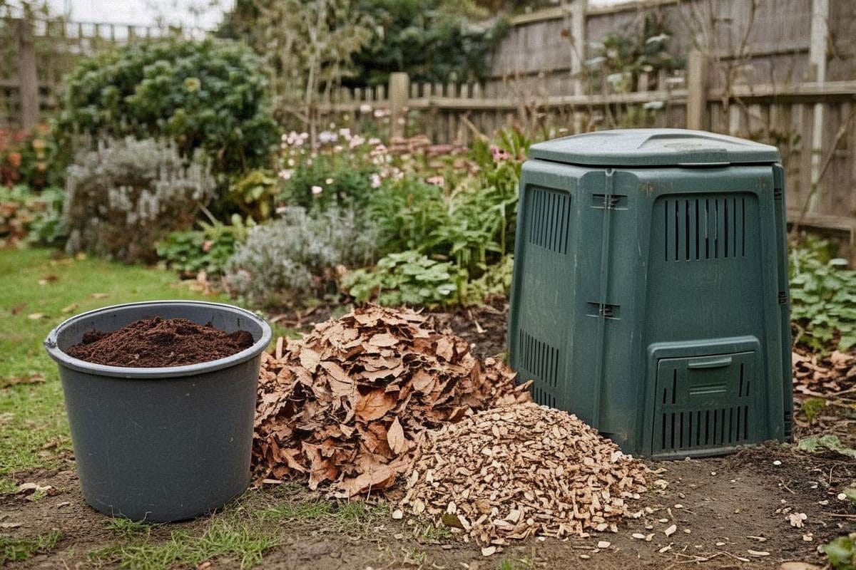 Seau de marc récupéré auprès d’un café à côté d’un composteur de 300 litres, avec feuilles sèches et broyat prêts à être incorporés progressivement plutôt que versés ensemble