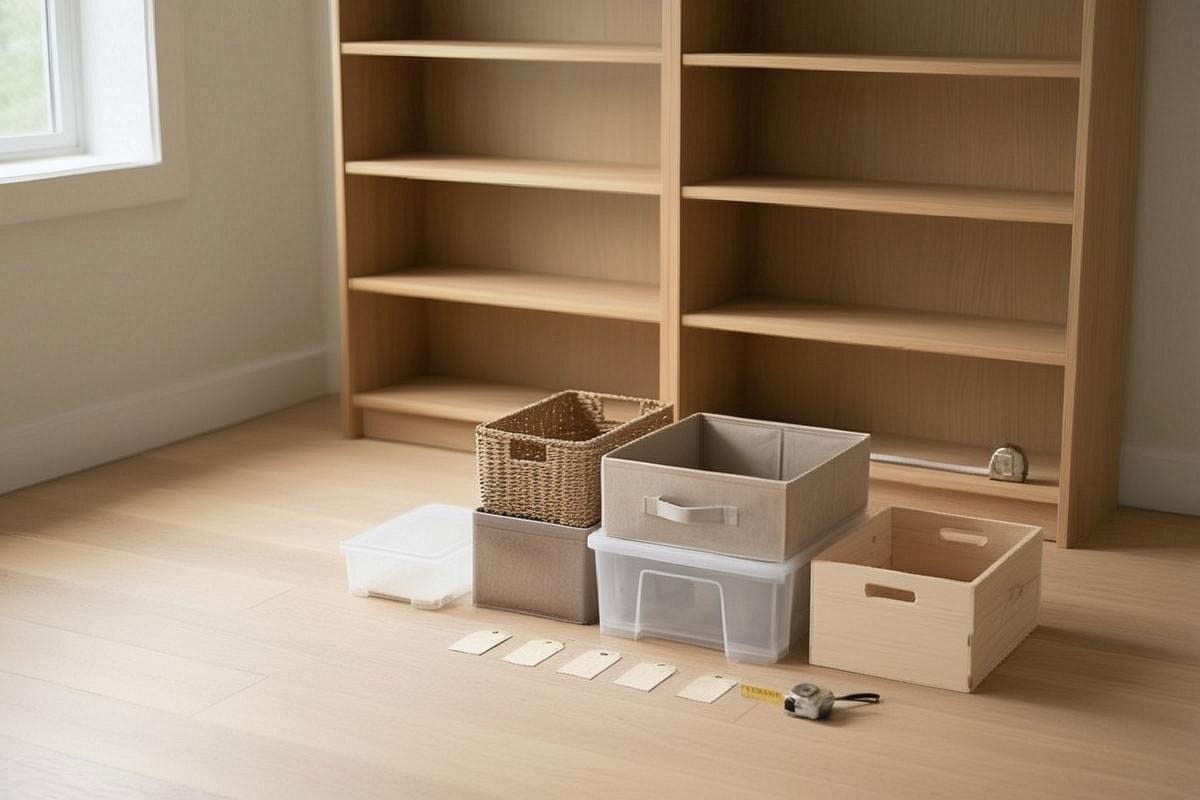 Sélection de boîtes de rangement de différentes matières posées devant une étagère vide, avec mètre ruban et étiquettes montrant l’importance de mesurer avant d’acheter