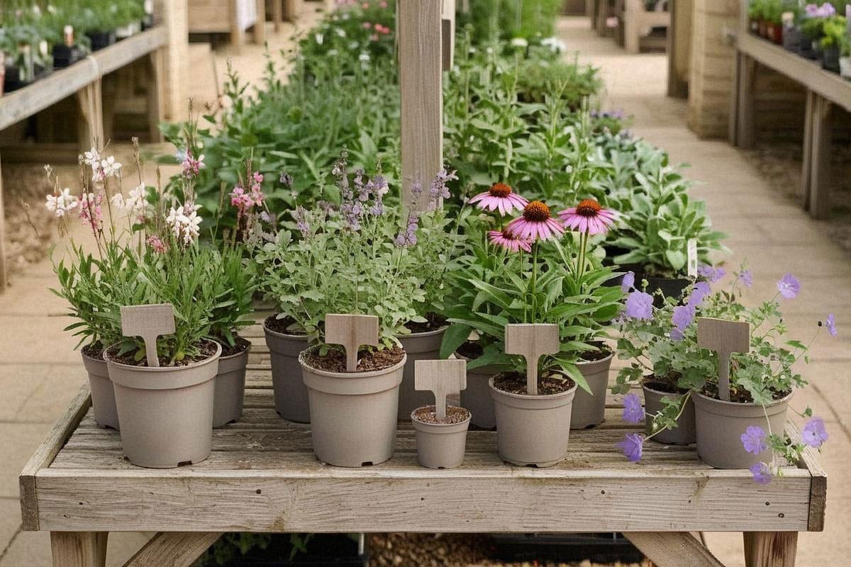 Sélection de jeunes vivaces en pépinière avec gauras, sauges, échinacées et géraniums vivaces, étiquettes variétales lisibles et tailles de godets différentes pour comparer les plantations