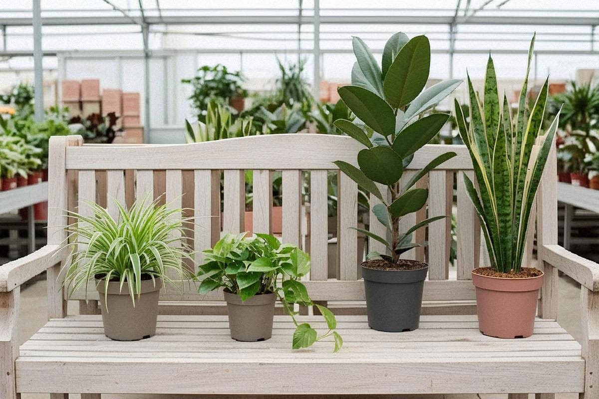 Sélection de plantes d’intérieur en jardinerie avec chlorophytum, pothos, ficus et sansevieria de différentes tailles, feuillages sains et pots clairement visibles pour comparer les volumes