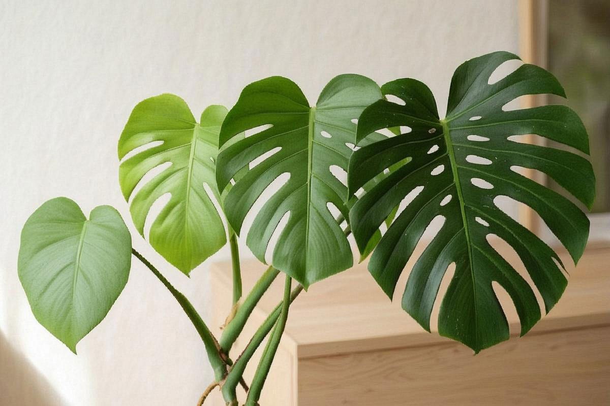 Série visuelle de quatre feuilles de Monstera allant d’une petite feuille entière à une grande feuille de plus de 45 cm profondément fenestrée, montrant la progression liée à la maturité