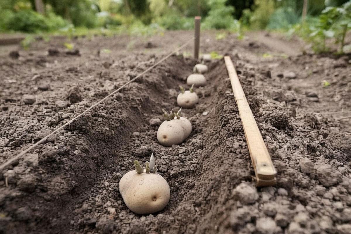 Sillon de potager avec pommes de terre germées espacées régulièrement de 35 cm, cordeau tendu et mètre posé à côté pour montrer la distance avant recouvrement
