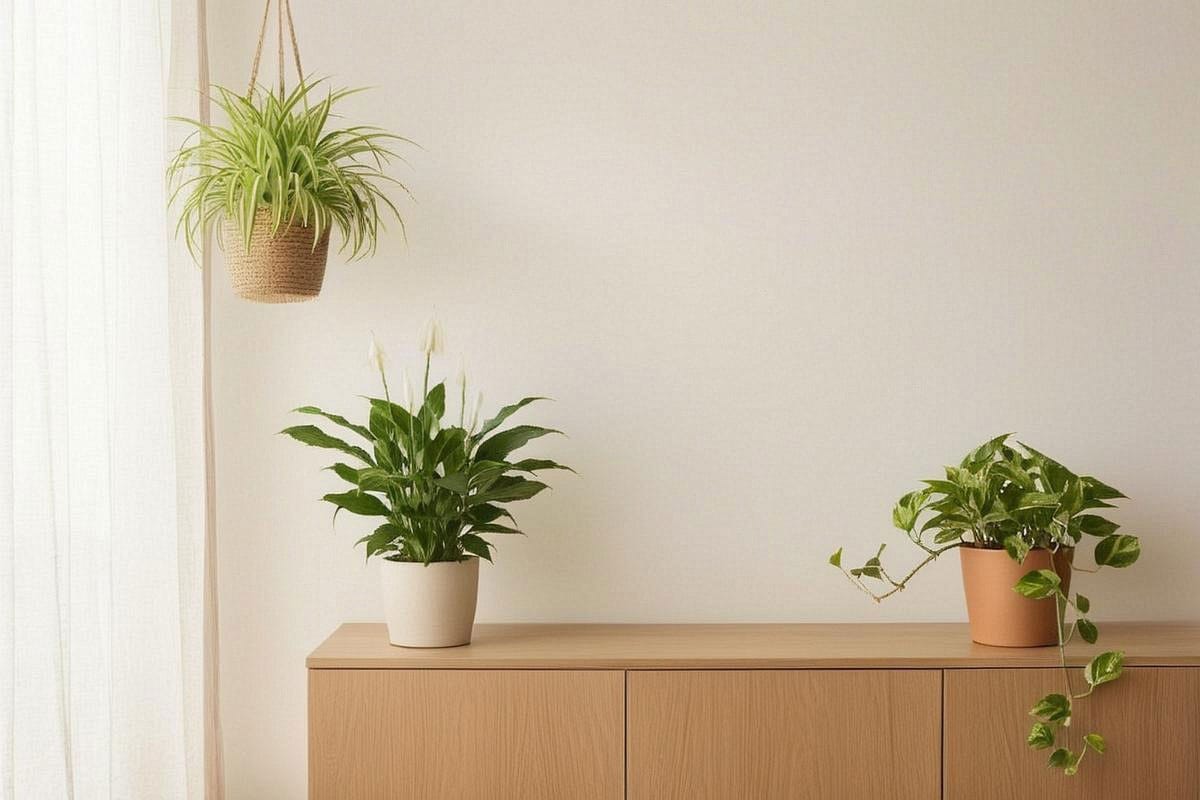 Spathiphyllum en fleurs placé sur un meuble bas près d’une fenêtre voilée, accompagné d’un pothos retombant et d’un chlorophytum dans une suspension en fibres naturelles
