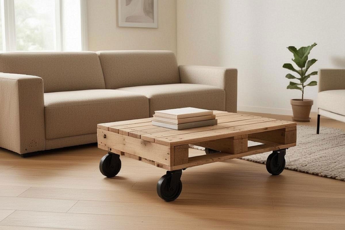 Table basse compacte en palette poncée montée sur quatre roulettes noires, placée devant un canapé beige avec environ 45 cm de passage et quelques livres sur le plateau