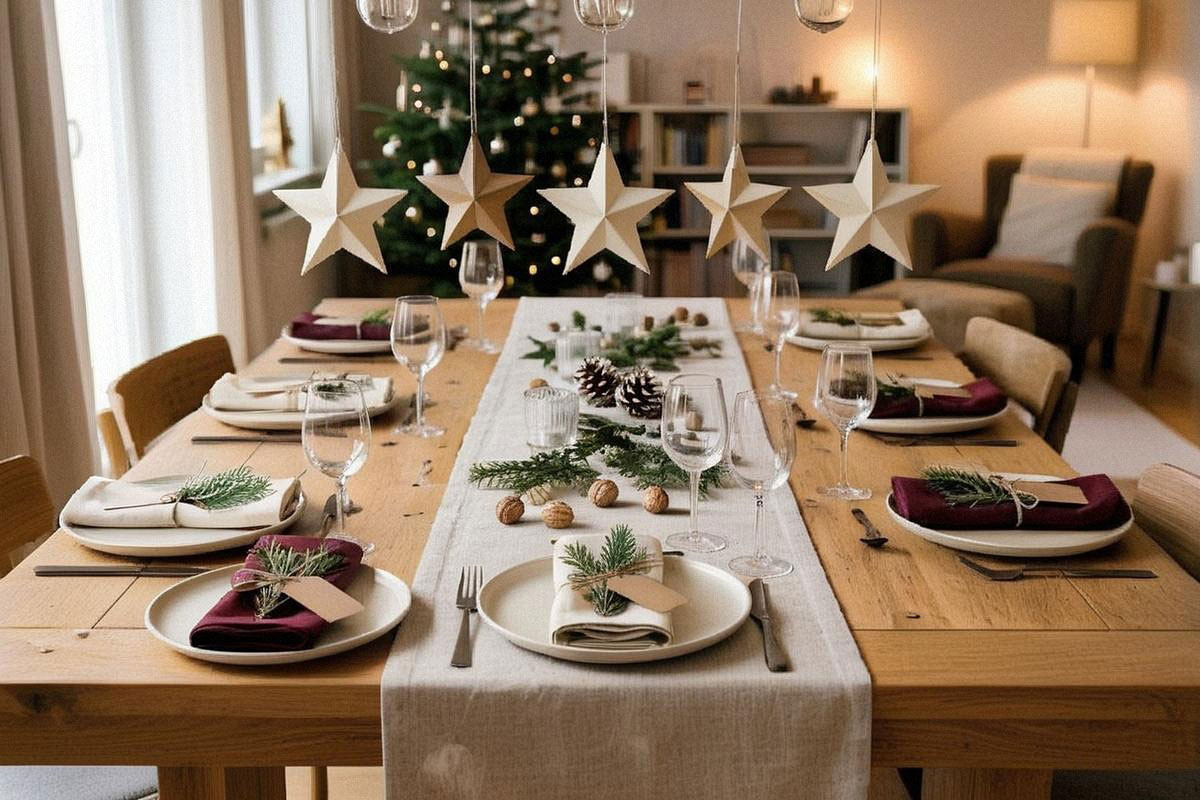 Table de Noël avec chemin en lin, serviettes rouges et écrues alternées, petits marque-places végétaux et étoiles en papier suspendues au-dessus des assiettes