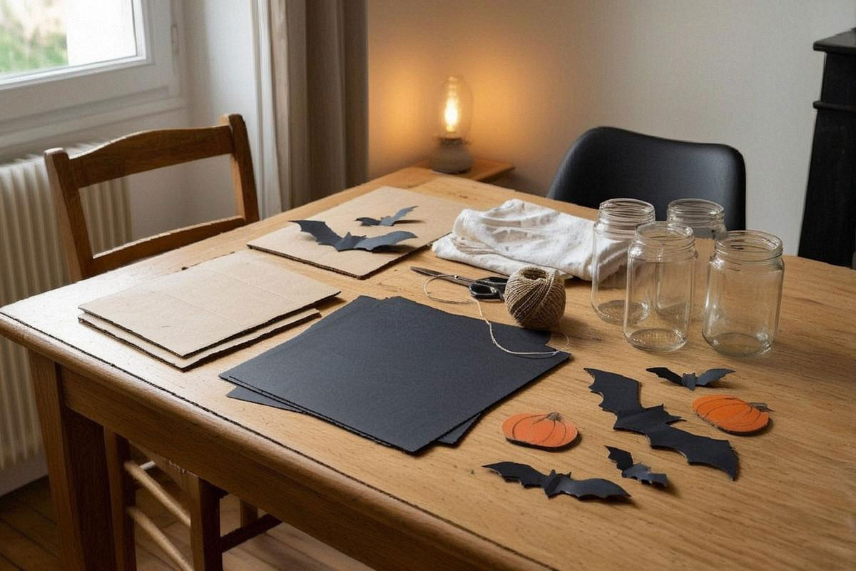 Table de bricolage Halloween avec carton récupéré, papier noir, ficelle, vieux tissu blanc, bocaux et ciseaux, entourée de plusieurs décorations terminées aux couleurs orange et noir