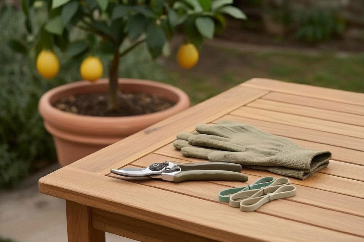 Table de jardin avec sécateur, gants et liens souples devant un citronnier en pot, montrant un équipement limité et adapté à une taille légère annuelle