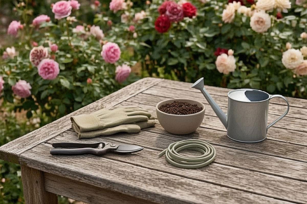Table de jardin avec sécateur, gants, liens souples, compost et petit arrosoir, disposés devant plusieurs rosiers en fleurs montrant un équipement simple plutôt qu’une accumulation de produits