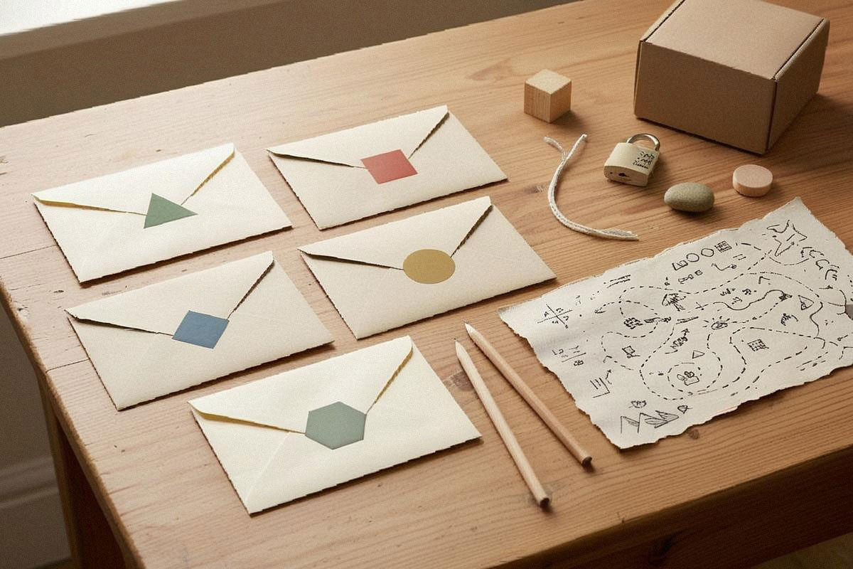 Table préparée pour un escape game maison avec enveloppes numérotées, crayons, carte au trésor, cadenas factice et petits indices cachés parmi des objets du quotidien
